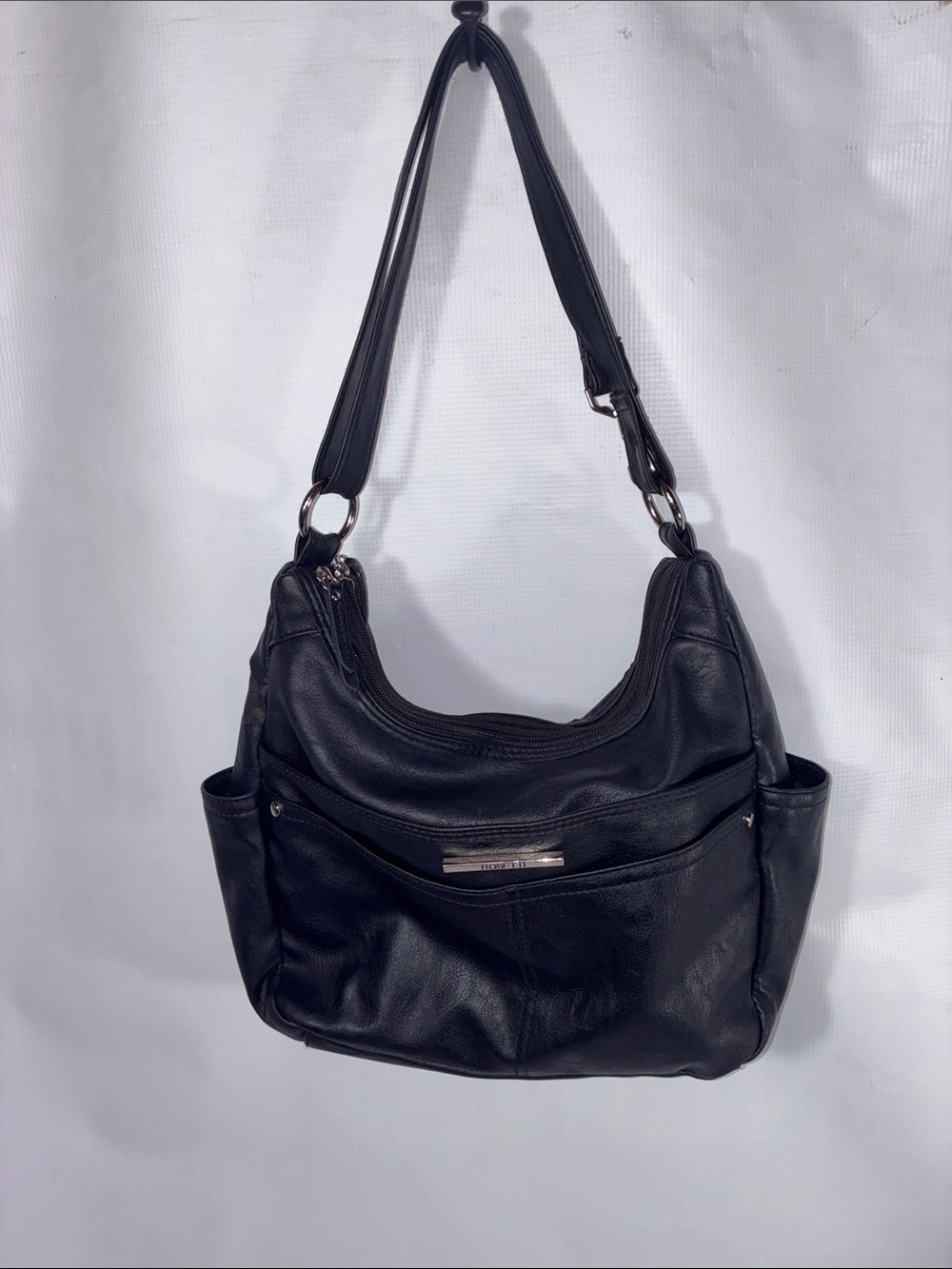 Rosetti Black Leather Shoulder Bag with Front Pocket